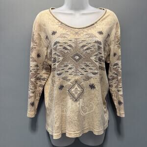 Vtg Cactus Bay L Top Y2K Southwest Western V Neck Aztec Made In USA Embellished